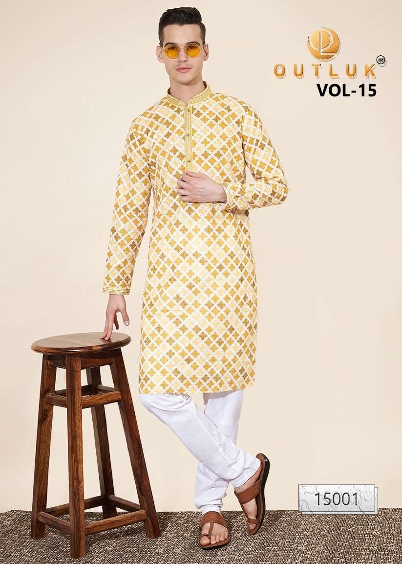 OUTLUK VOL-15 BY OUTLUK 15001 TO 15007 SERIES PURE COTTON PRINT MENS KURTA PAJAMAS