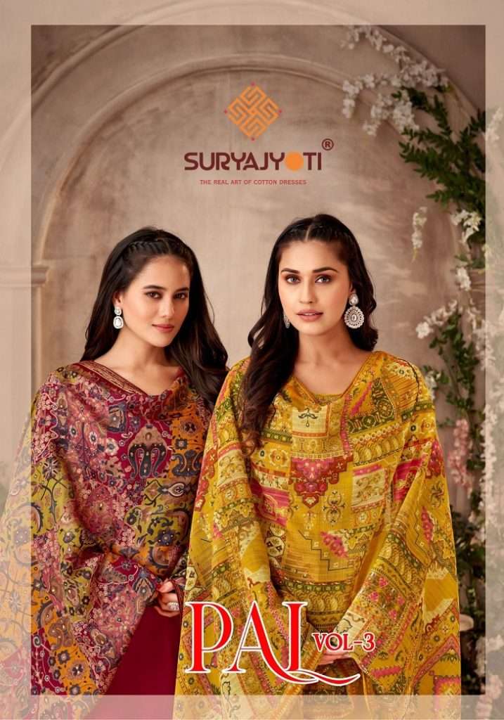 PAL VOL-3 BY SUURYAJYOTI 3001 TO 3006 SERIES SATIN PRINT EMBROIDERY WORK DRESSES