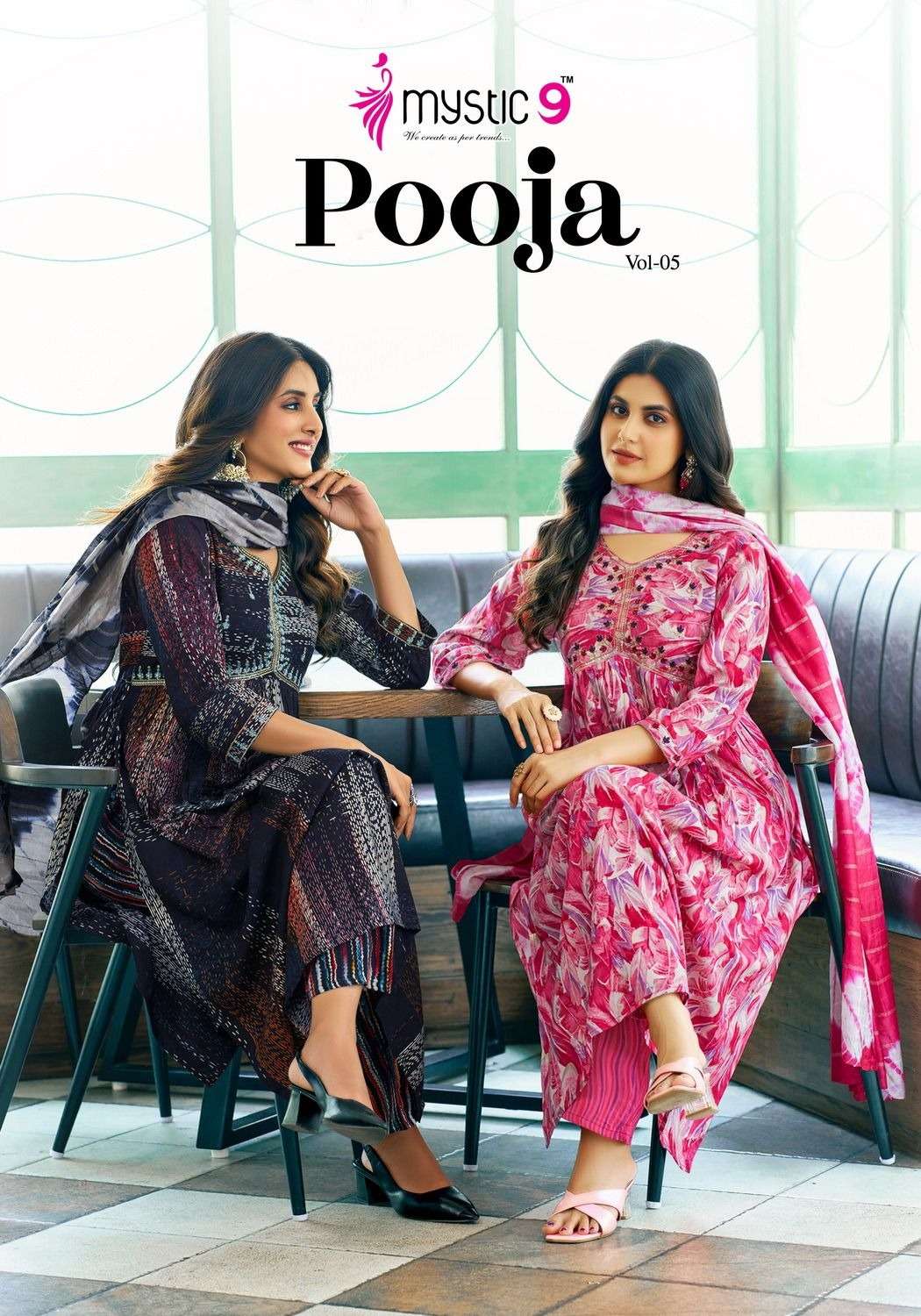 POOJA VOL-5 BY MYSTIC9 5001 TO 5008 SERIES HEAVY FOIL PRINT WORK READYMADE DRESSES