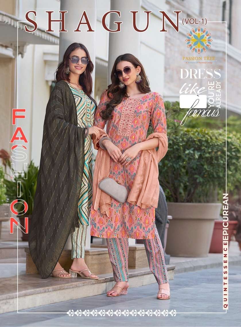 SHAGUN VOL-1 BY PASSION TREE 1001 TO 1008 SERIES RAYON FOIL PRINT WORK READYMADE DRESSES