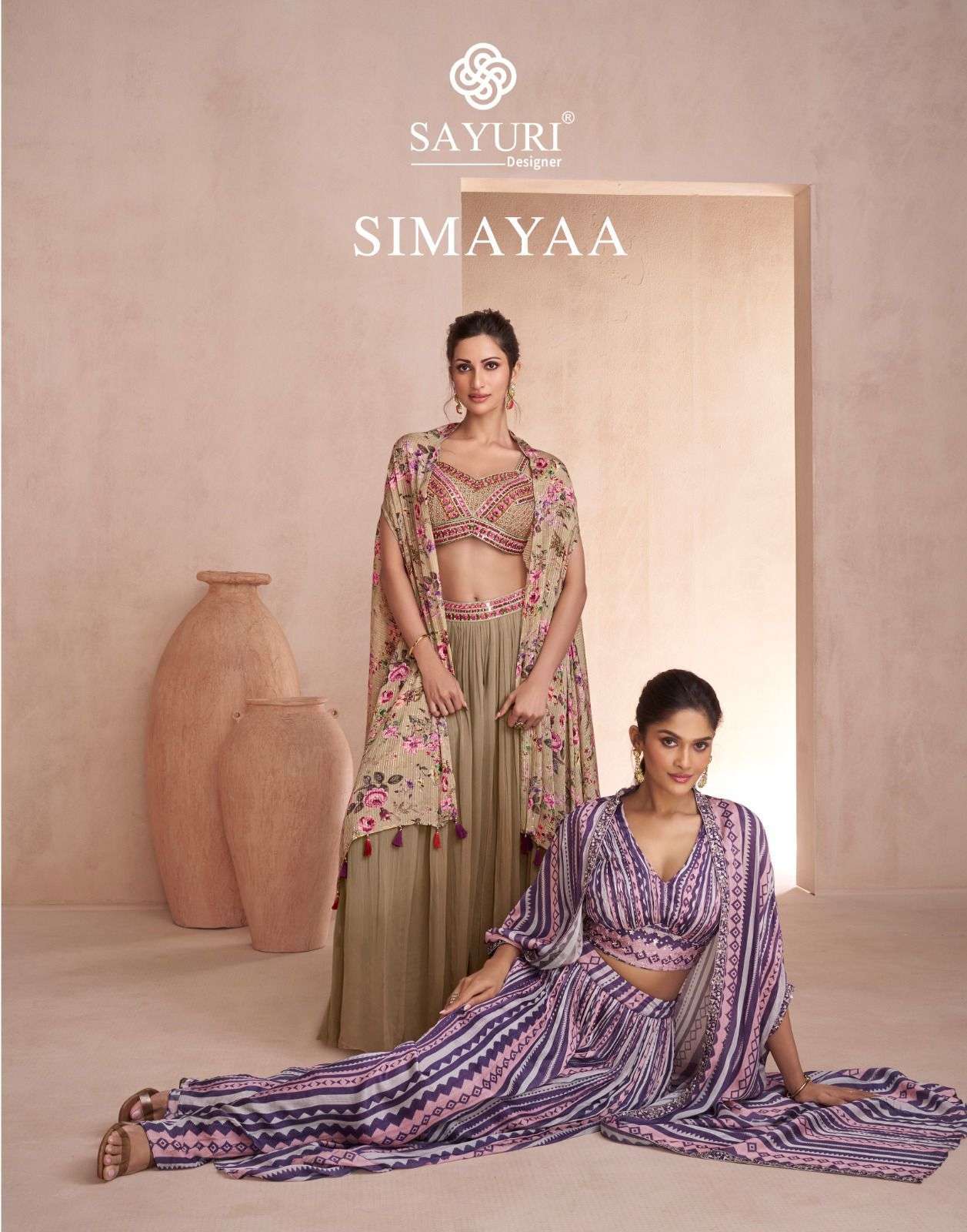 SIMAYAA BY SAYURI 5509 TO 5511 SERIES CHINON SILK HEAVY WORK TOP PLAZZO AND SHRUG SET