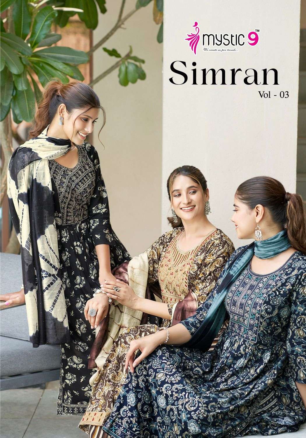 SIMRAN VOL-3 BY MYSTIC9 3001 TO 3008 SERIES RAYON PRINT WORK READYMADE DRESSES