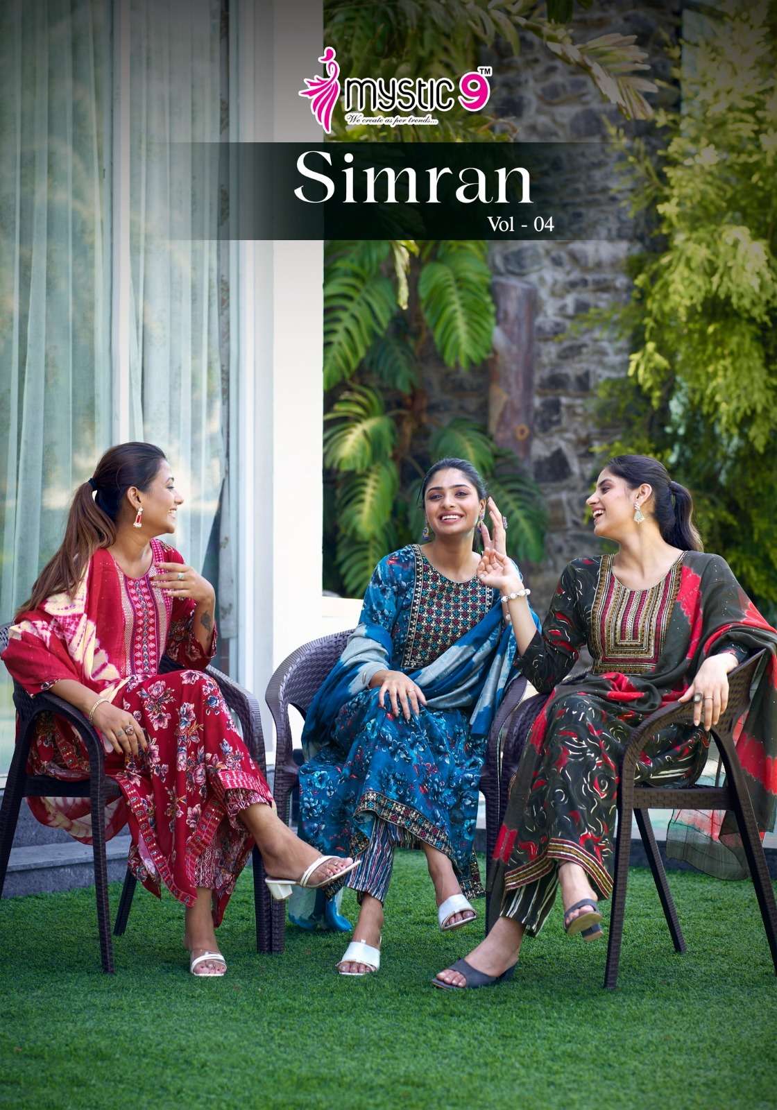 SIMRAN VOL-4 BY MYSTIC9 4001 TO 4008 SERIES PREMIUM RAYON PRINT WORK READYMADE DRESSES