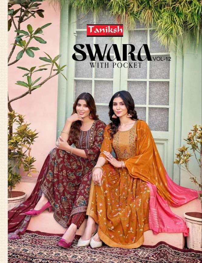 SWARA VOL-12 BY TANIKSH 12001 TO 12008 SERIES RAYON PRINT WORK READYMADE DRESSES