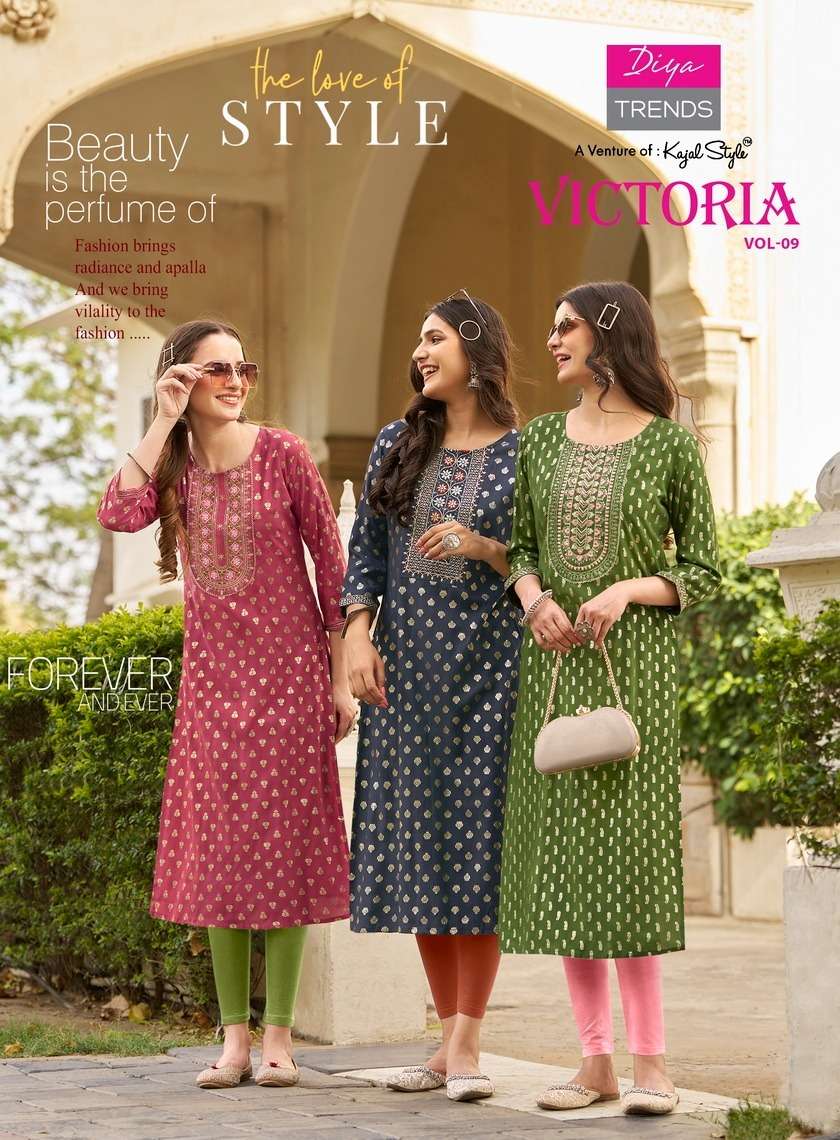 VISCTORIA VOL-9 BY DIYA TRENDS 9001 TO 9012 SERIES RAYON EMBROIDERY KURTIS