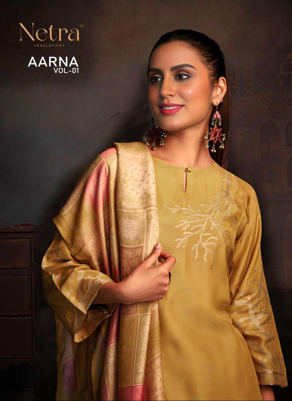 AARNA VOL-1 BY NETRA NE-S01-A TO NE-S01-D SERIES MUSLIN JACQUARD WORK DRESSES