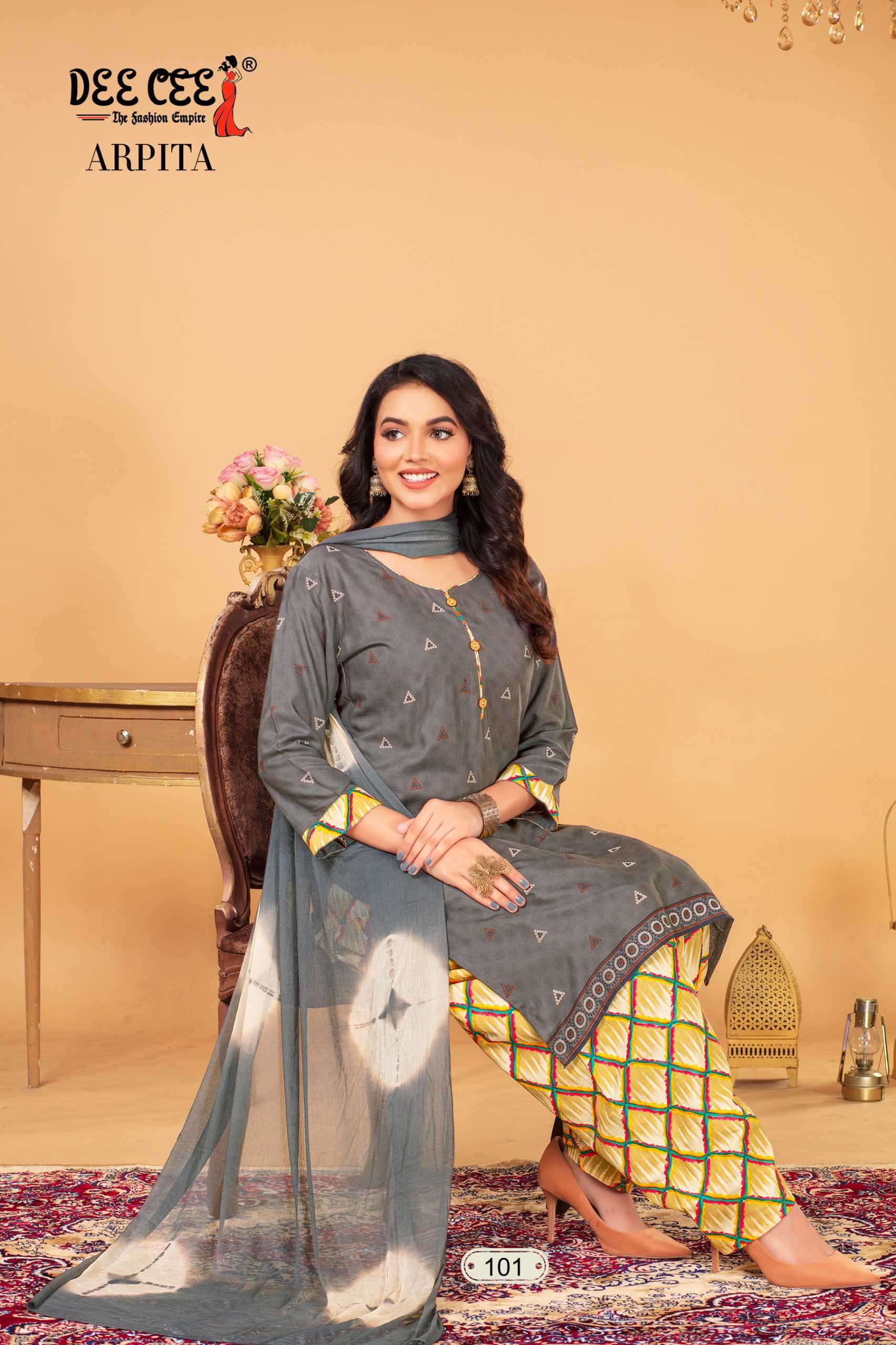 ARPITA BY DEE CEE 101 TO 106 SERIES RAYON LINEN PRINT WORK READYMADE DRESSES