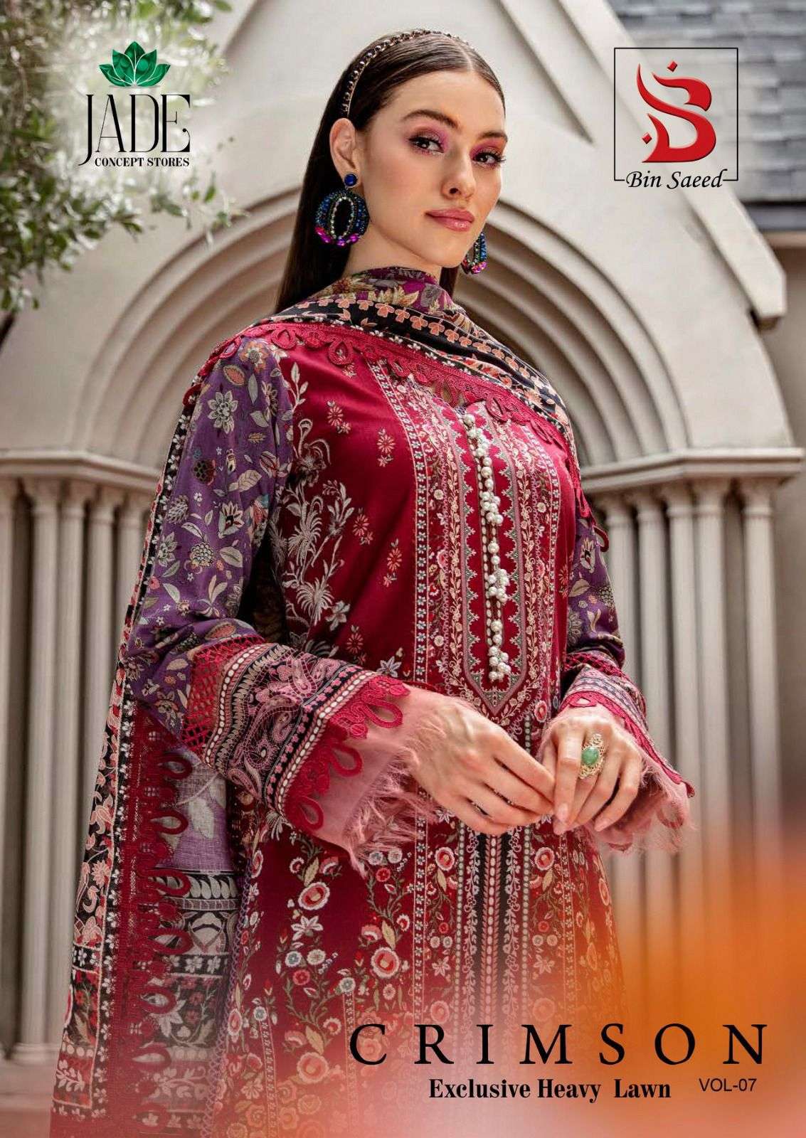 BIN SAEED CRIMSON VOL-7 BY JADE 7001 TO 7006 SERIES LAWN COTTON PRINT DRESSES