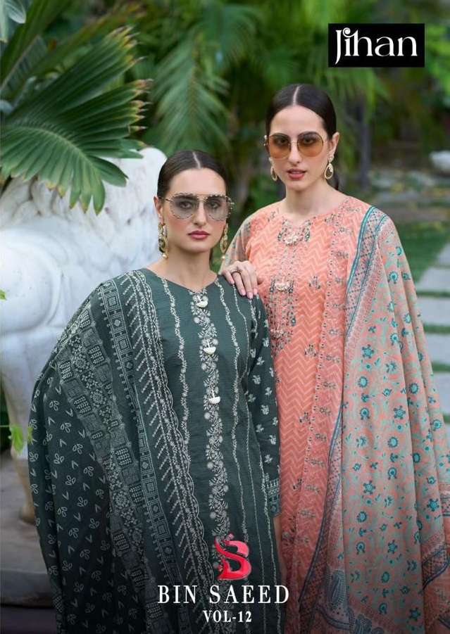 BIN SAEED VOL-12 BY JIHAN 3437 TO 3501 SERIES PURE LAWN PRINT WORK PAKISTANI DRESSES