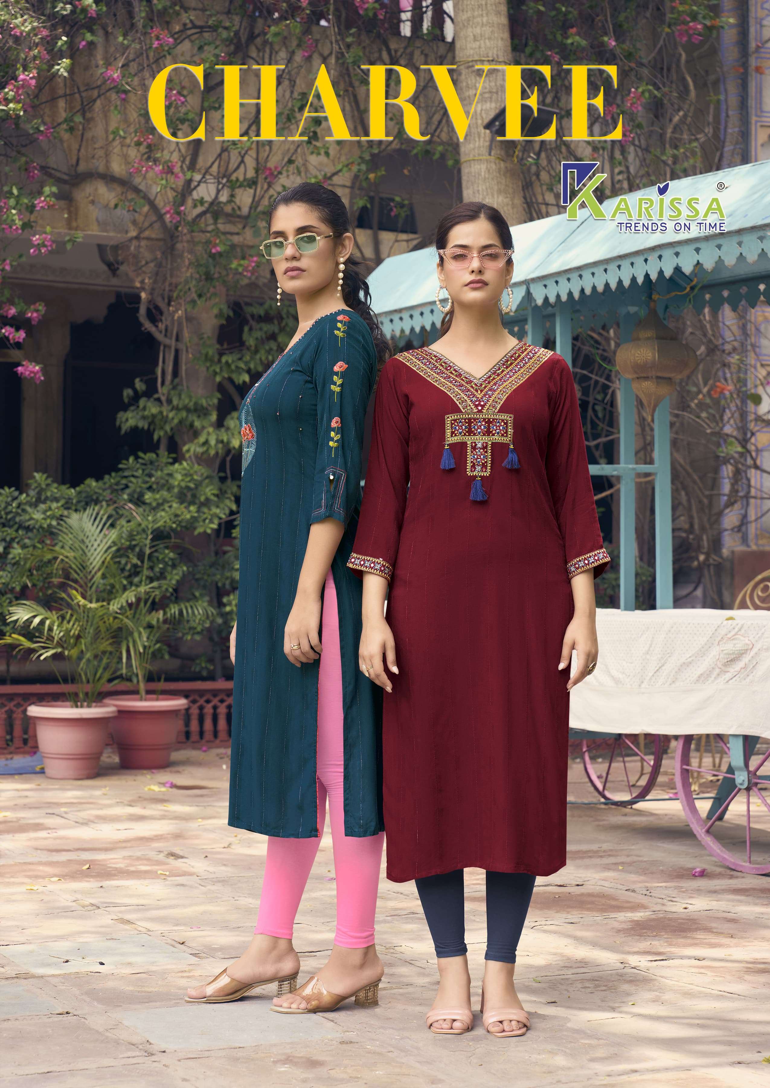 CHARVEE BY KARISSA 1001 TO 1006 SERIES HEAVY RAYON EMBROIDERY WORK KURTIS