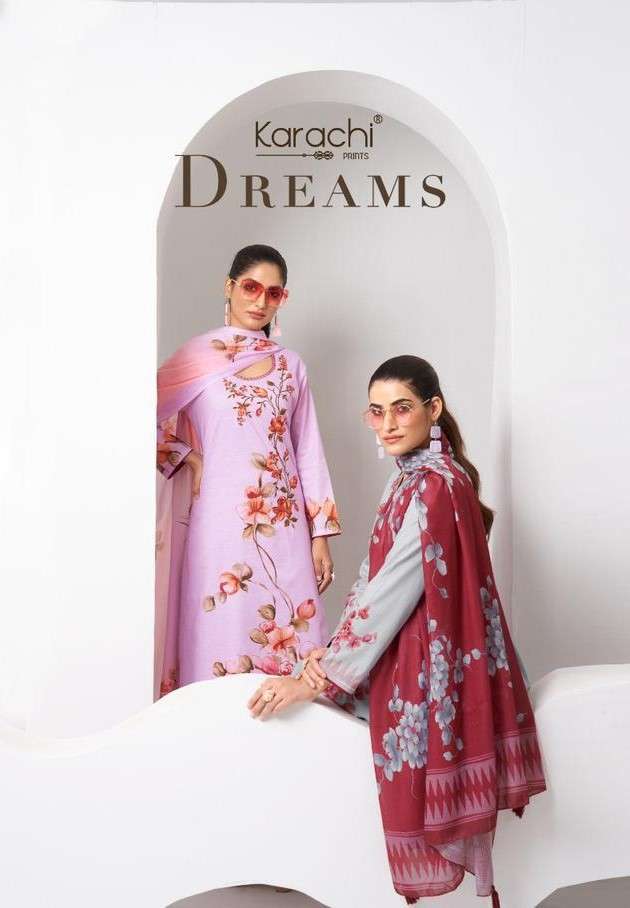 DREAMS BY KARACHI PRINTS 1001 TO 1006 SERIES PURE CAMBRIC PRINT WORK DRESSES