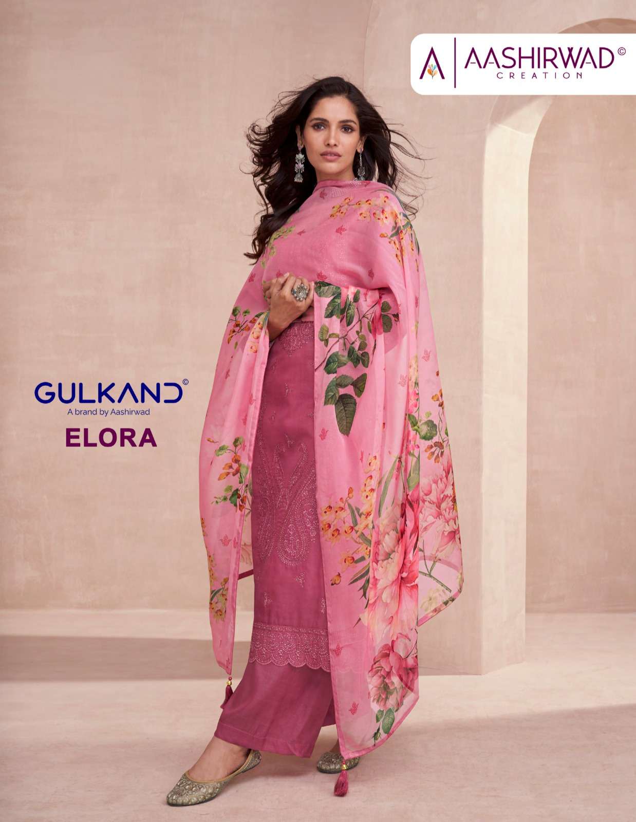 GULKAND ELORA BY AASHIRWAD CREATION 9859 TO 9863 SERIES TUSSAR SILK PRINT WORK DRESES