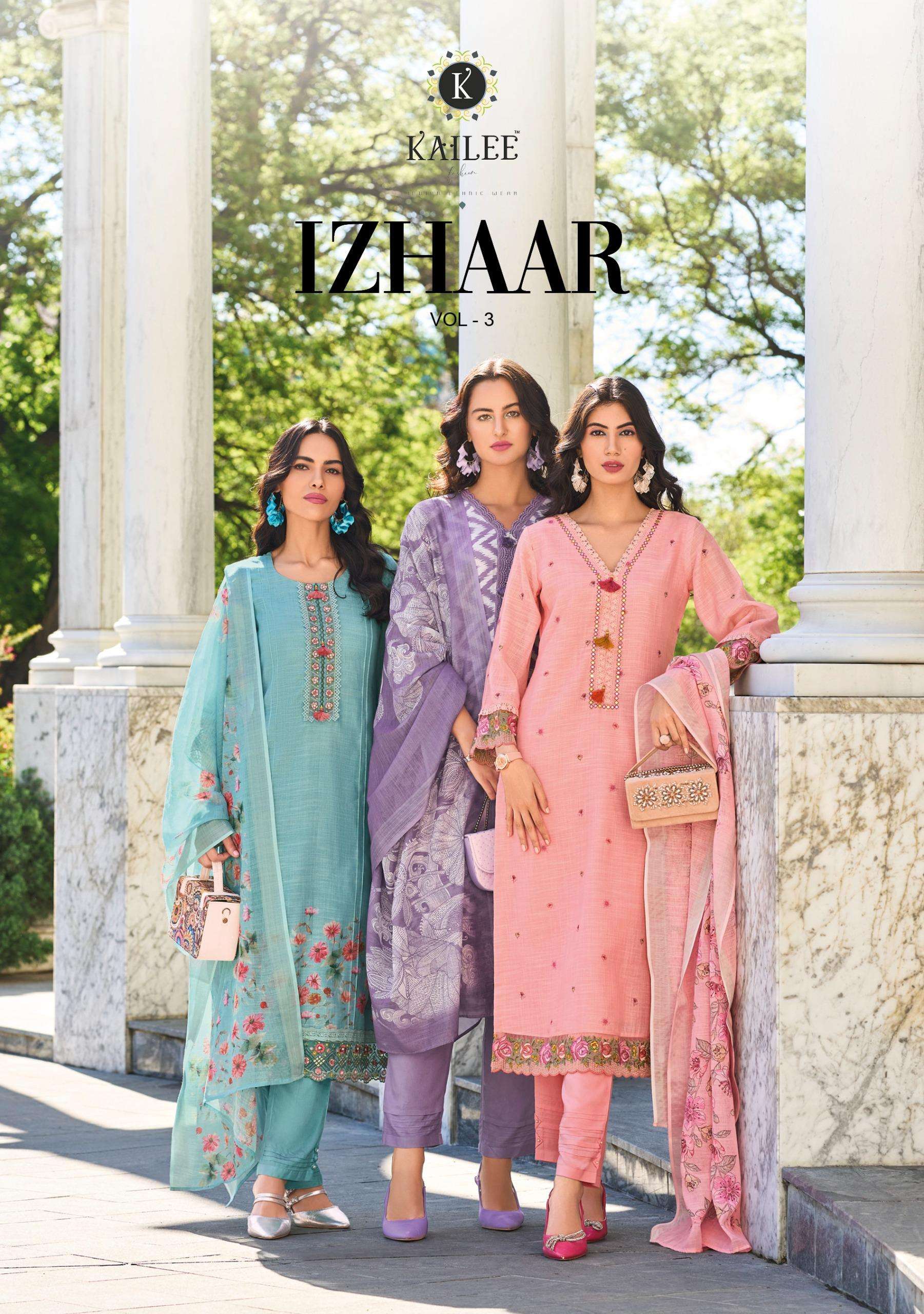 IZHAAR VOL-3 BY KAILEE FASHION 42731 TO 42736 SERIES PURE LINEN HAND WORK READYMADE DRESSES