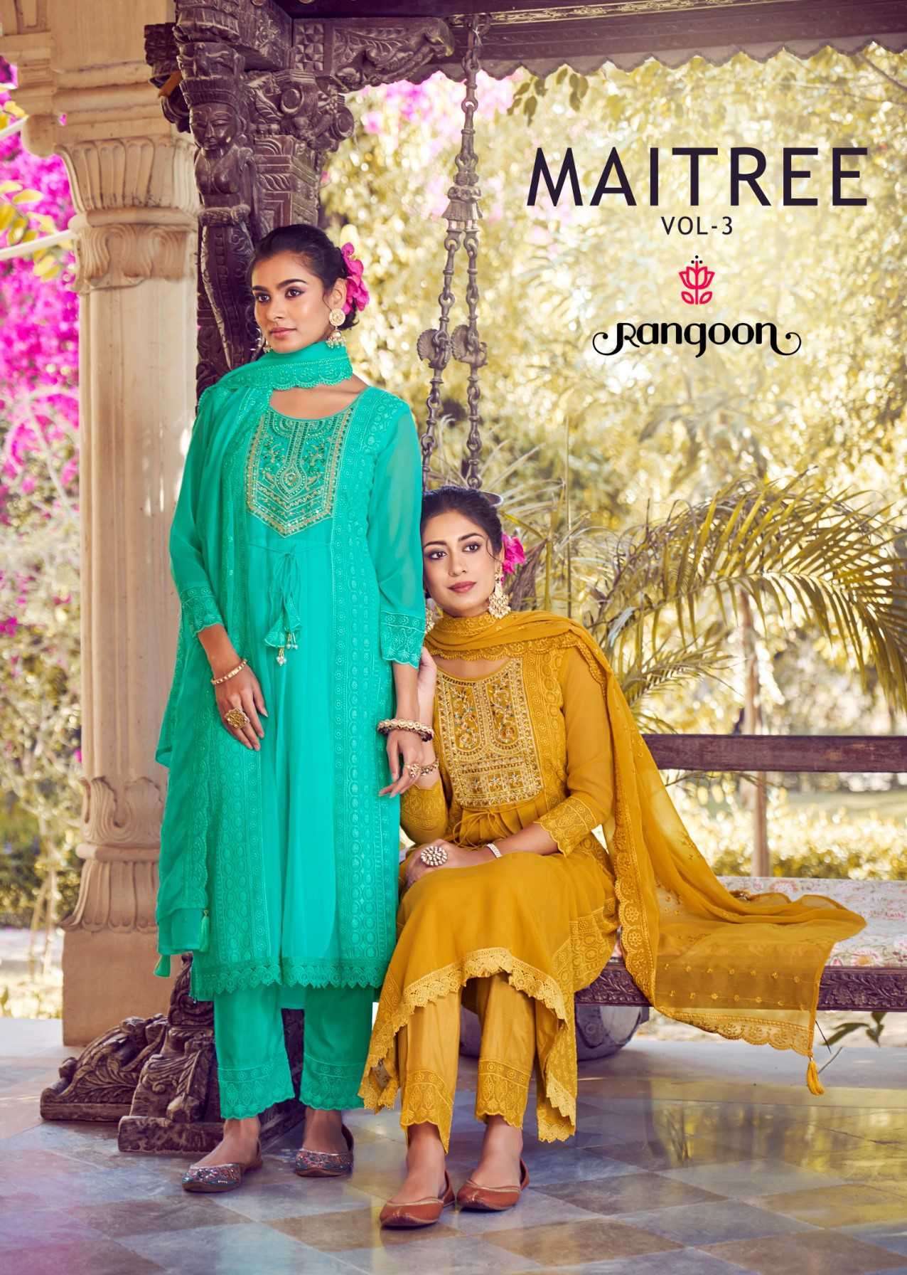 MAITREE VOL-3 BY RANGOON 5061 TO 5066 SERIES GEORGETTE SCHIFFLI WORK READYMADE DRESSES