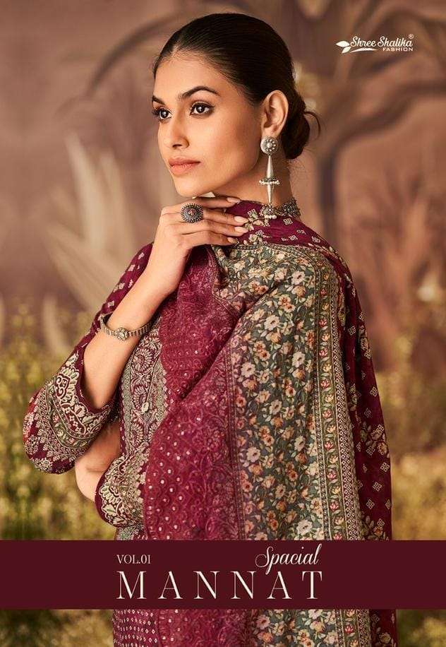 MANNAT VOL-1 BY SHREE SHALIKA 4001 TO 4005 SERIES COTTON LAWN PRINT WORK DRESSES