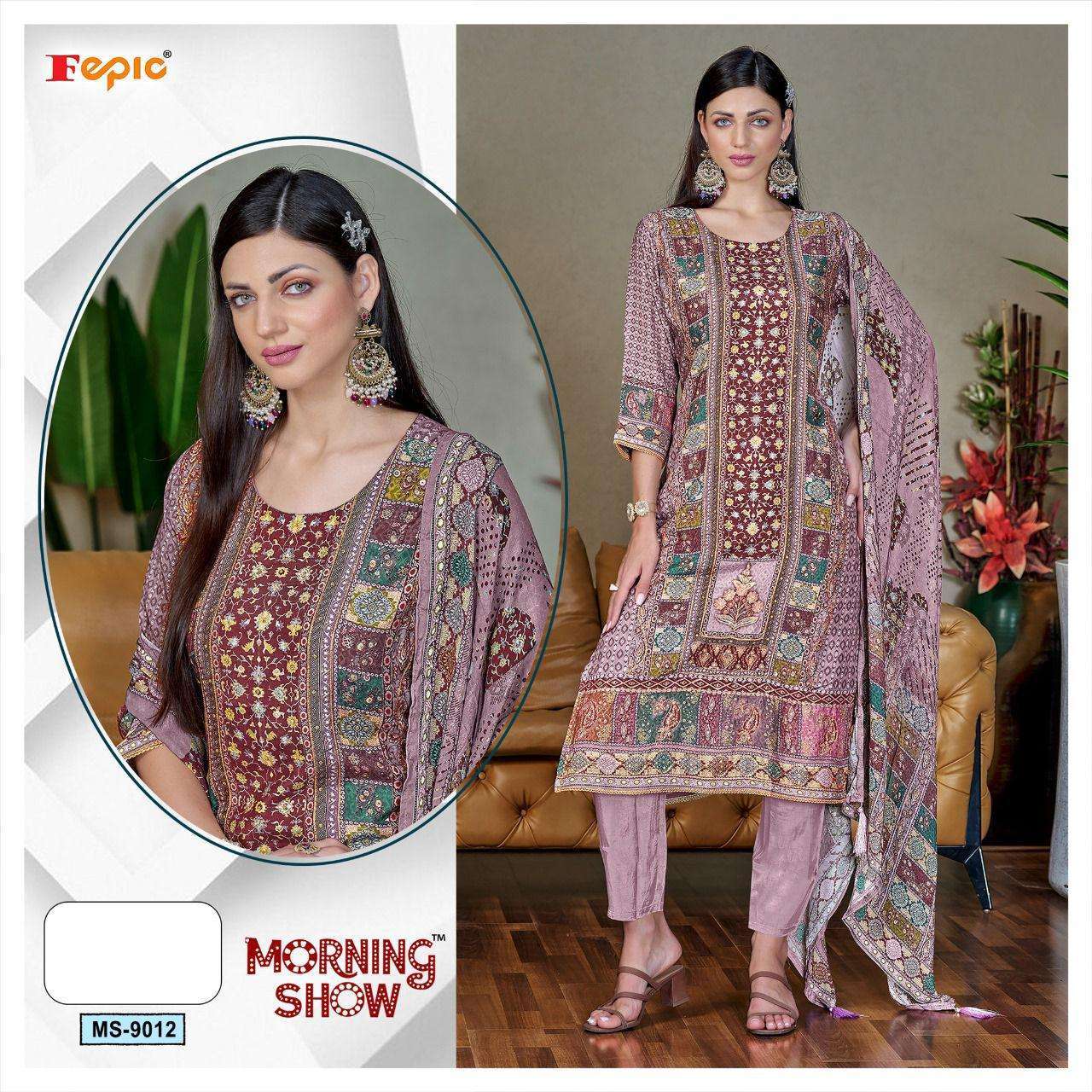 MORNING SHOW 9012-A TO 9012-C SERIES BY FEPIC VISCOSE MUSLIN PRINT WORK READYMADE DRESSES