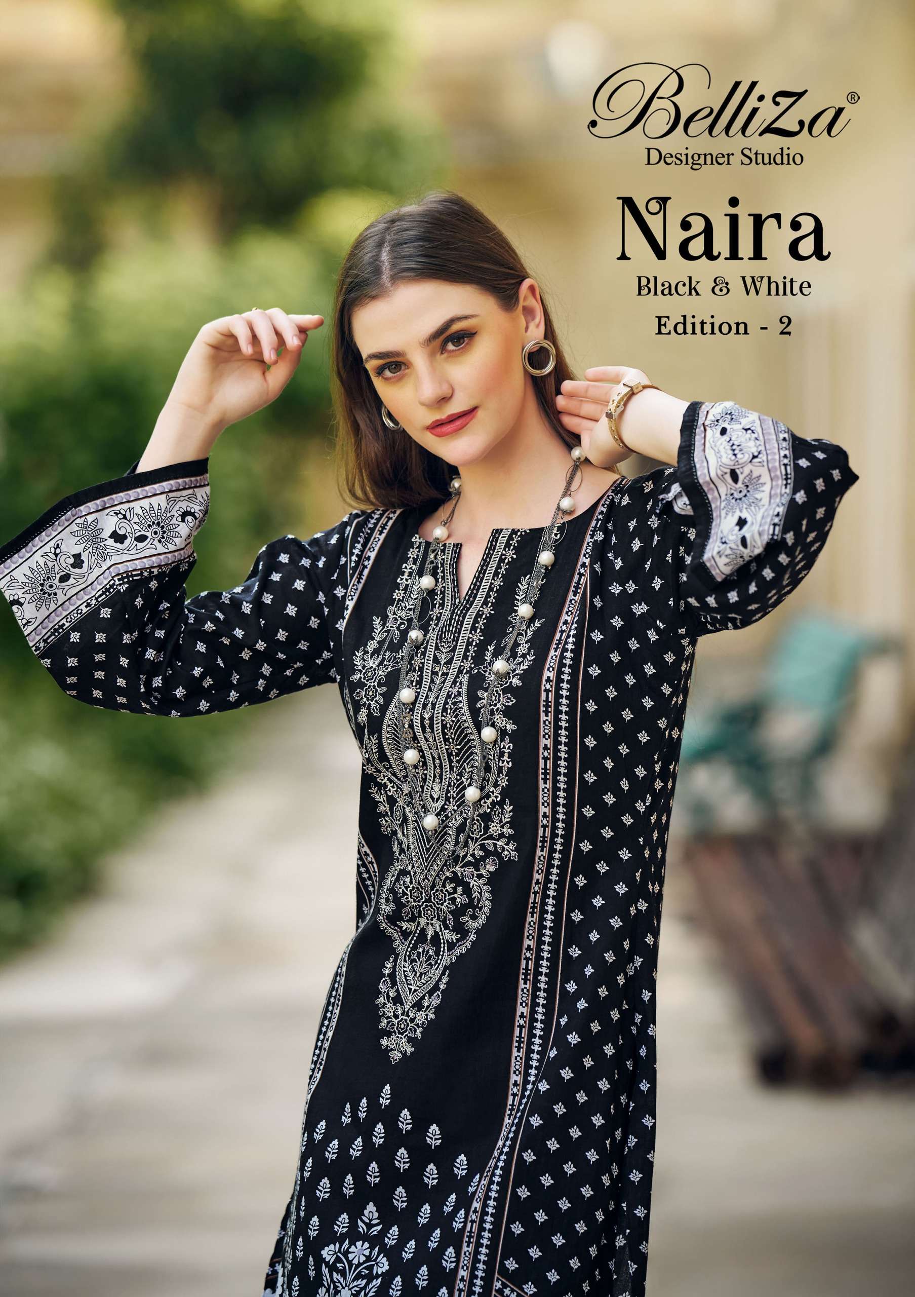 NAIRA BLACK AND WHITE VOL-2 BY BELLIZA 936-001 TO 936-008 SERIES COTTON WORK PAKISTANI DRESSES