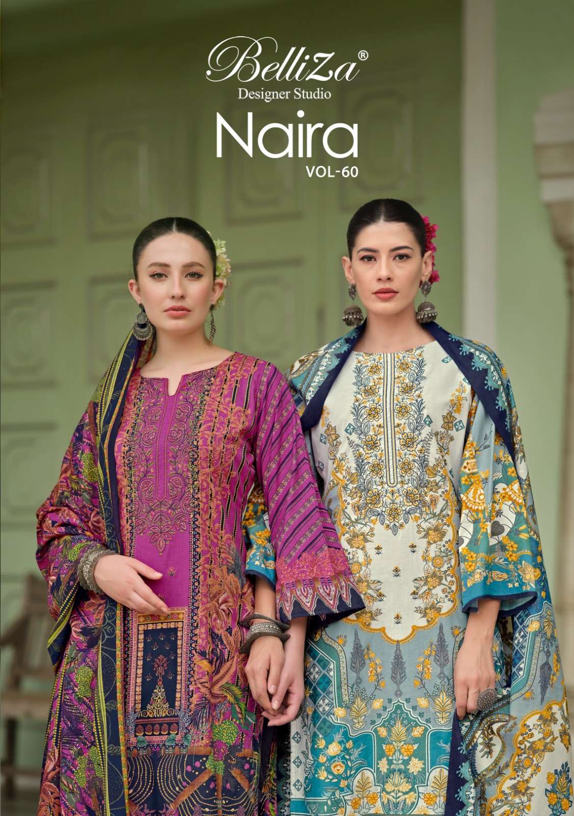 NAIRA VOL-60 B BELLIZA 938-001 TO 938-008 SERIES PURE COTTON PRINT WORK PAKISTANI DRESSES