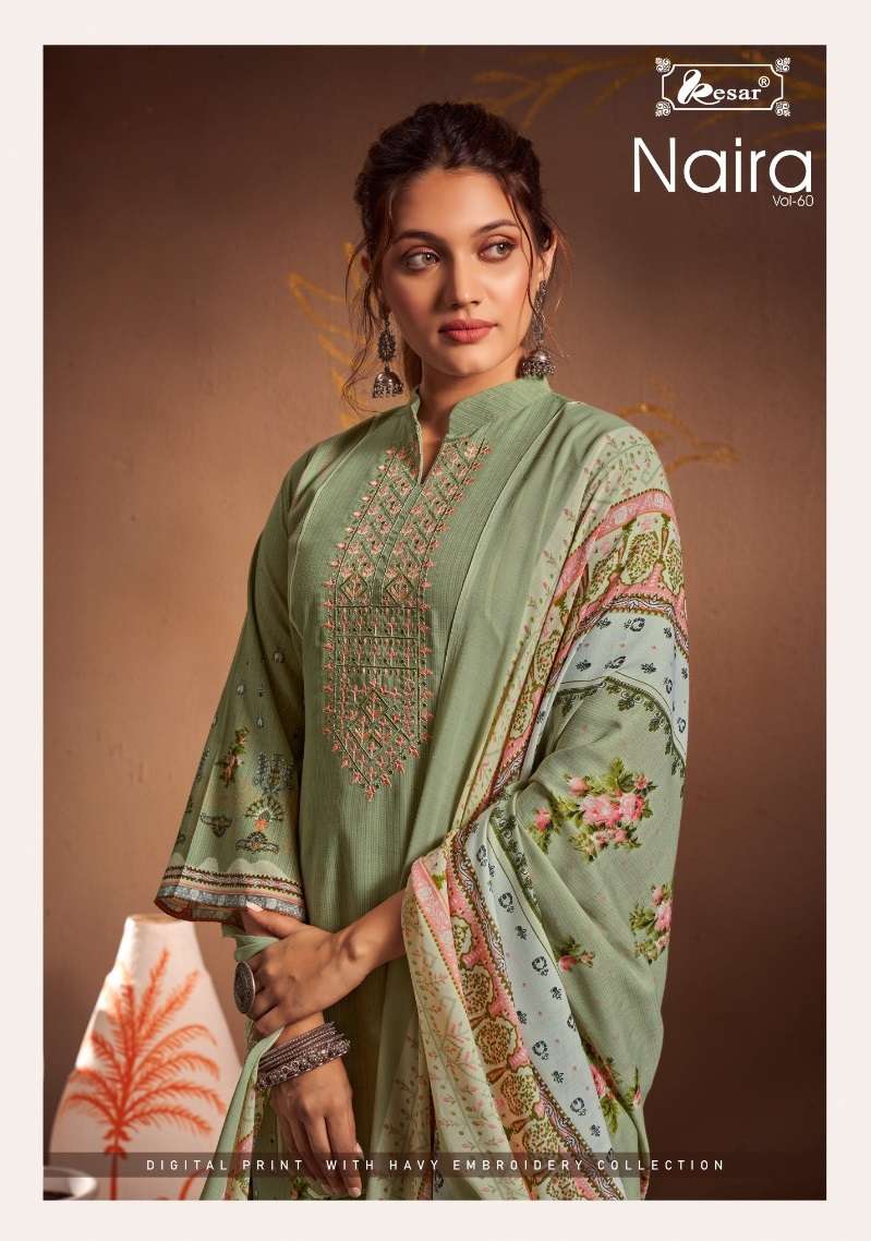 NAIRA VOL-60 BY KESAR 224-001 TO 224-006 SERIES PURE LAWN COTTON PRINT WORK DRESSES