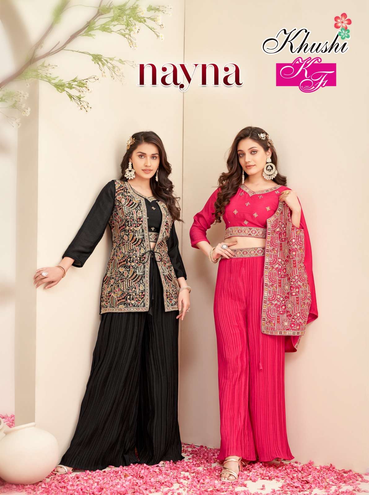 NAYNA BY KHUSHI FASHION 1001 TO 1006 SERIES CHINON SILK WORK TOP PLAZZO & SHRUGS