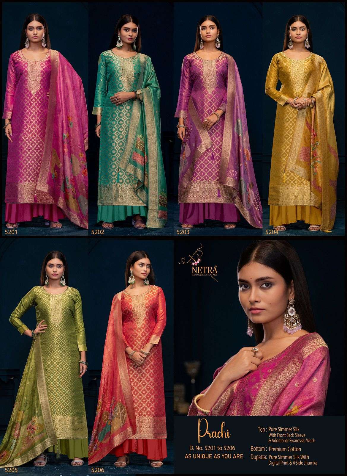 NETRA PRACHI BY AQSAWHOLESALE 2501 TO 2506 SERIES PURE SIMER SILK WORK DRESSES