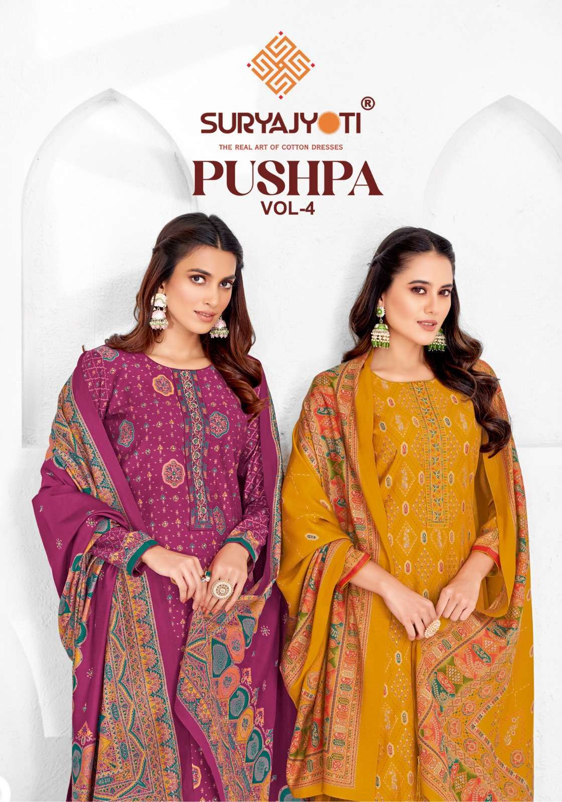 PUSHPA VOL-4 BY SURYAJYOTI 4001 TO 4008 SERIES PURE MODAL PRINT EMBROIDERY DRESSES