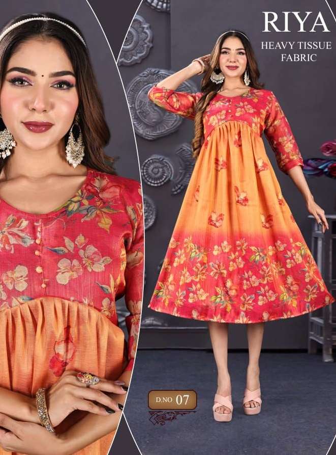 RIYA VOL-1 BY AQSAWHOLESALE 01 TO 08 SERIES HEAVY TISSUE PRINT WORK KURTIS