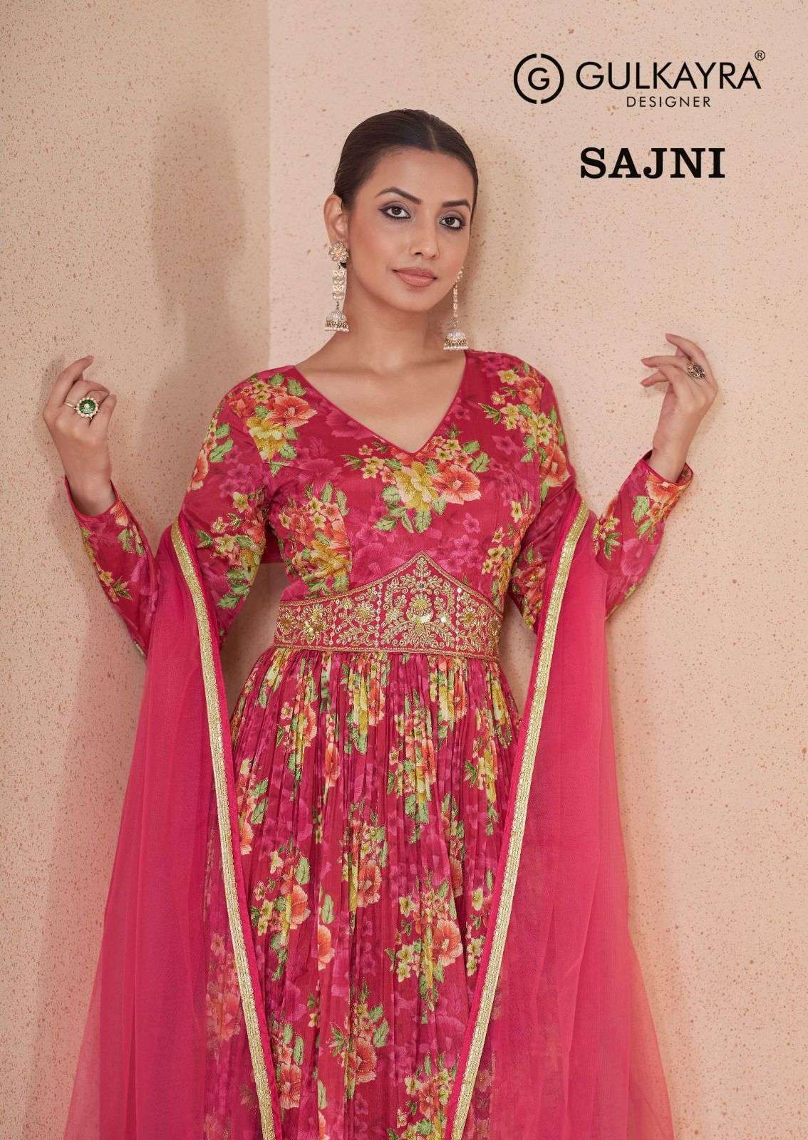 SAJNI BY GULKAYRA 7468-A TO 7468-E SERIES ELEGANCE POSITION PRINT WORK GOWN & DUPATTAS