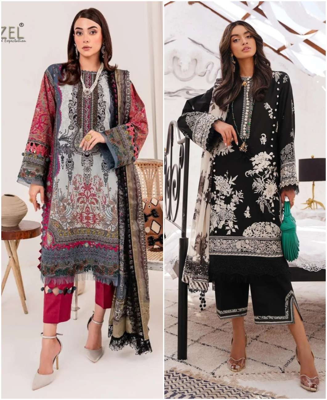 SANA SAFINAZ 099 AND 101 HITS BY HAZZEL PURE COTTON PRINT WORK PAKISTANI DRESSES