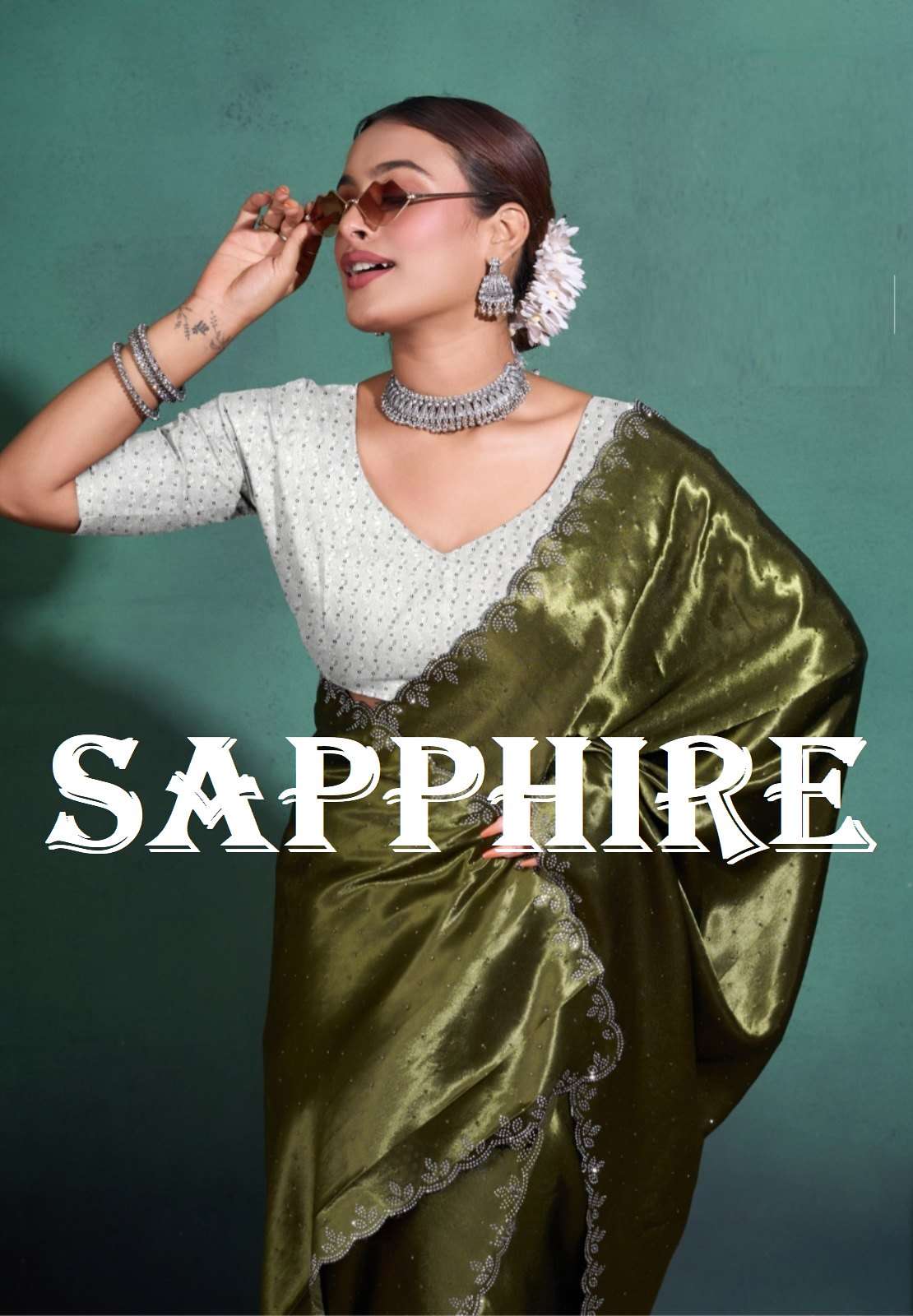 SAPPHIRE BY AQSAWHOLESALE 32001 TO 32005 SERIES MOSS SATIN SWAROWSKI WORK SAREES