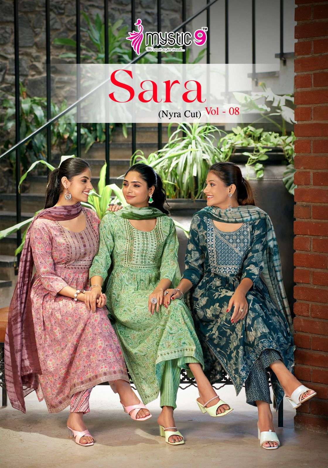 SARA VOL-8 BY MYYSTIC9 8001 TO 8008 SERIES RAYON PRINT EMBROIDERY READYMADE DRESSES