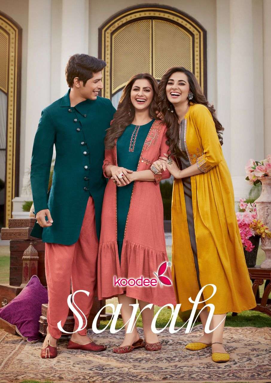 SARAH BY KOODEE 1001 TO 1006 SERIES CHINON EMBROIDERY WORK KURTI WITH SHRUGS