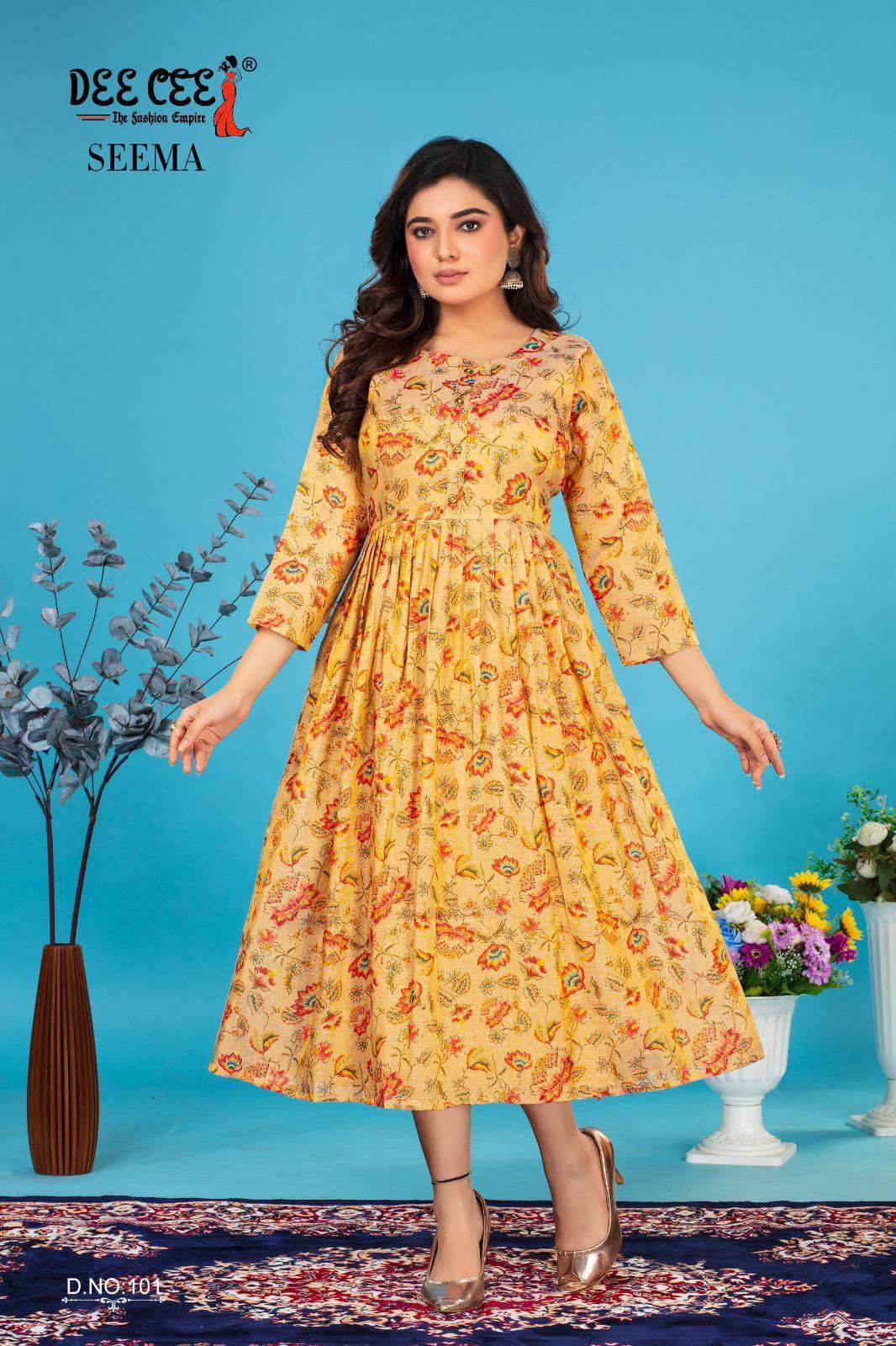 SEEMA BY DEE CEE 101 TO 106 SERIES FANCY SILK PRINT WORK KURTIS