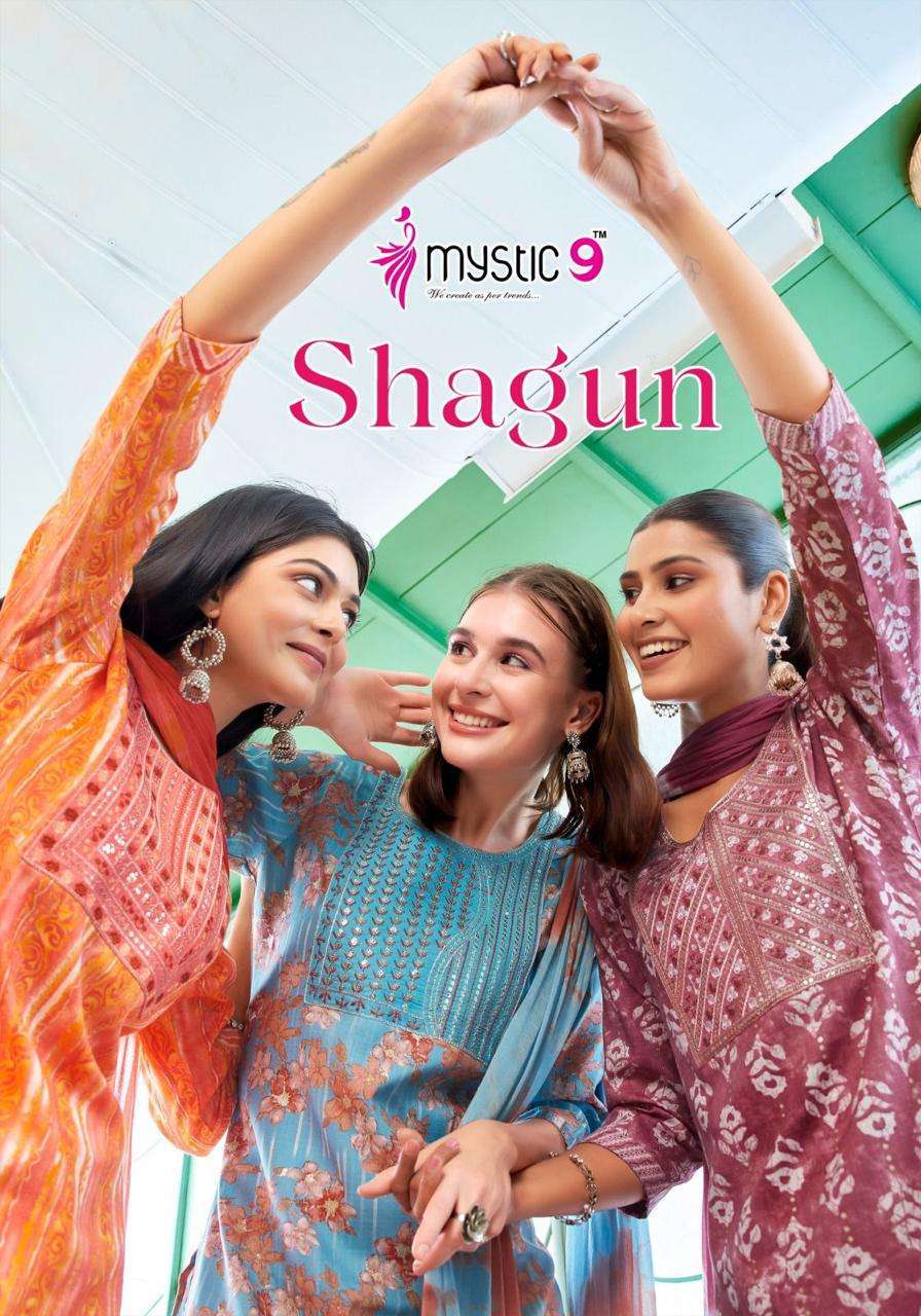 SHAGUN VOL-5 BY MYSTIC9 5001 TO 5008 SERIES RAYON PRINT WORK READYMADE DRESSES