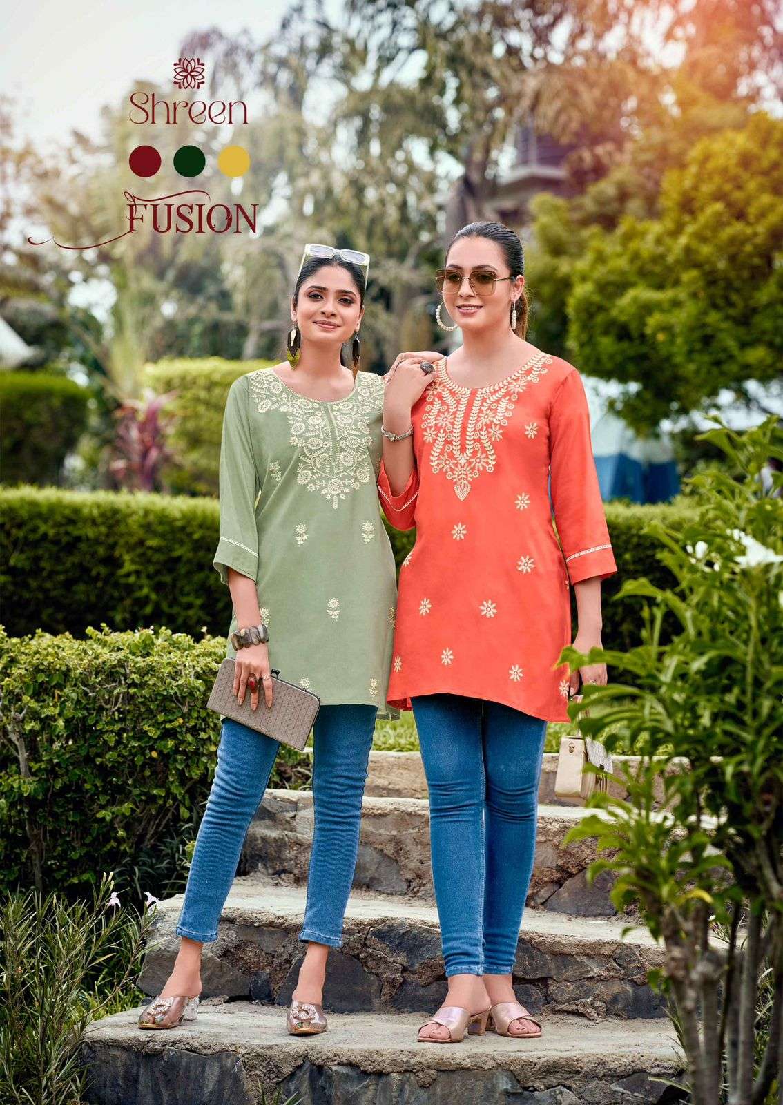 SHREEN FUSION BY AQSAWHOLESALE 1001 TO 1006 SERIES RAYON LUCKNOWI WORK TUNICS