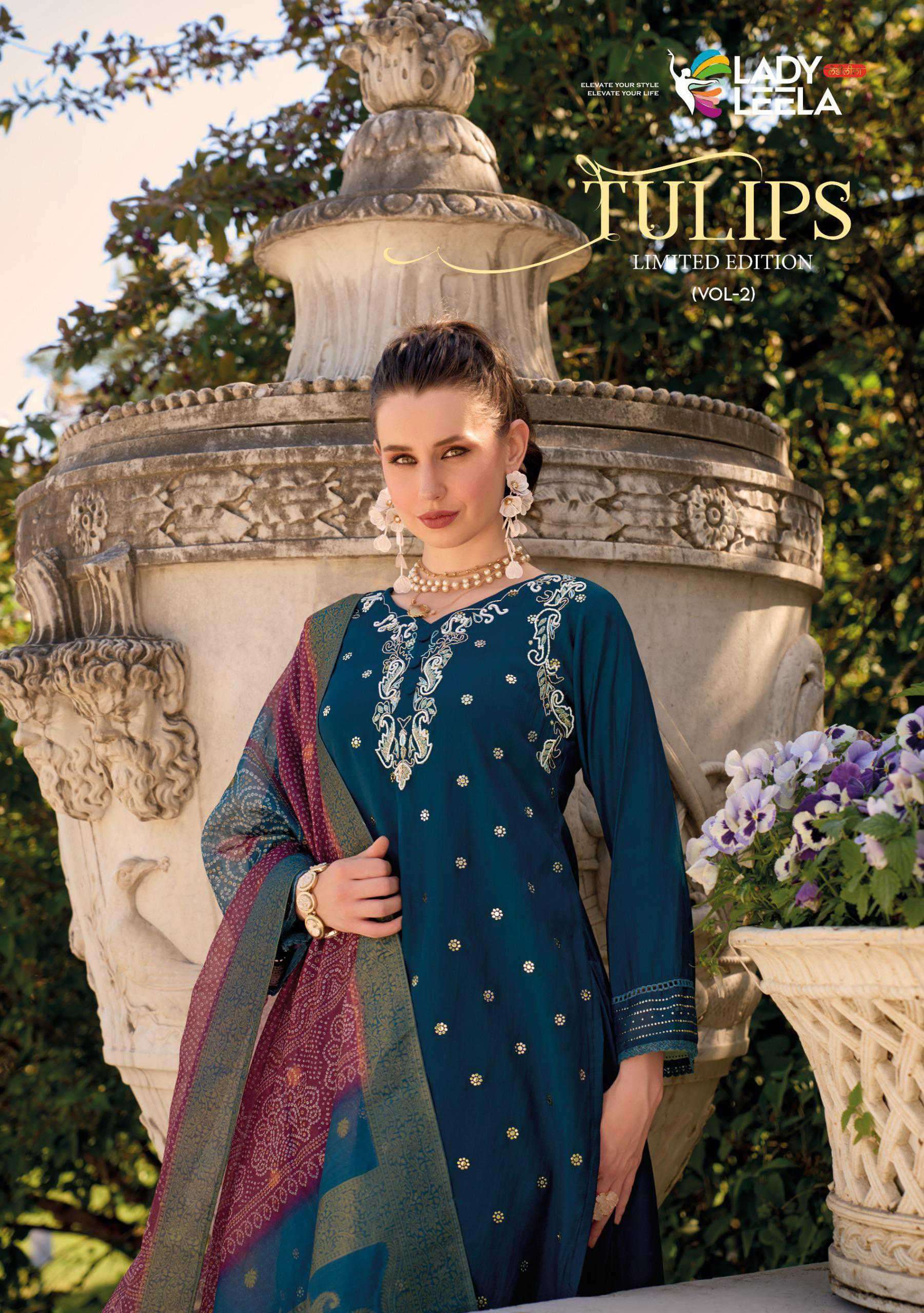 TULIPS VOL-2 BY LADY LEELA 1281 TO 1286 SERIES VISCOSE SILK HAND WORK READYMADE DRESSES