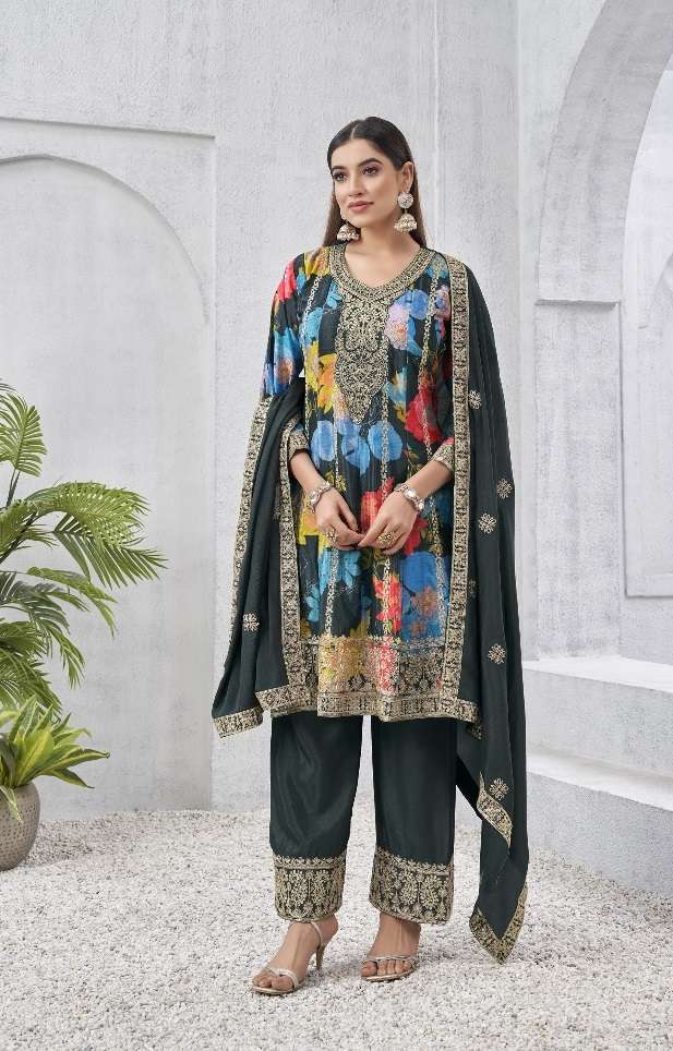 ZIANA 8061-A TO 8061-D SERIES BY AQSAWHOLESALE CHINON SILK PRINT WORK READYMADE DRESSES