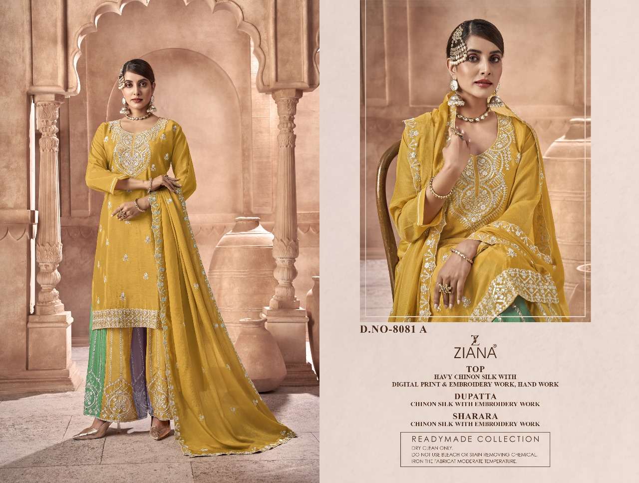 ZIANA 8081-A TO 8081-C SERIES BY AQSAWHOLESALE CHINON SILK HEAVY WORK READYMADE DRESSES