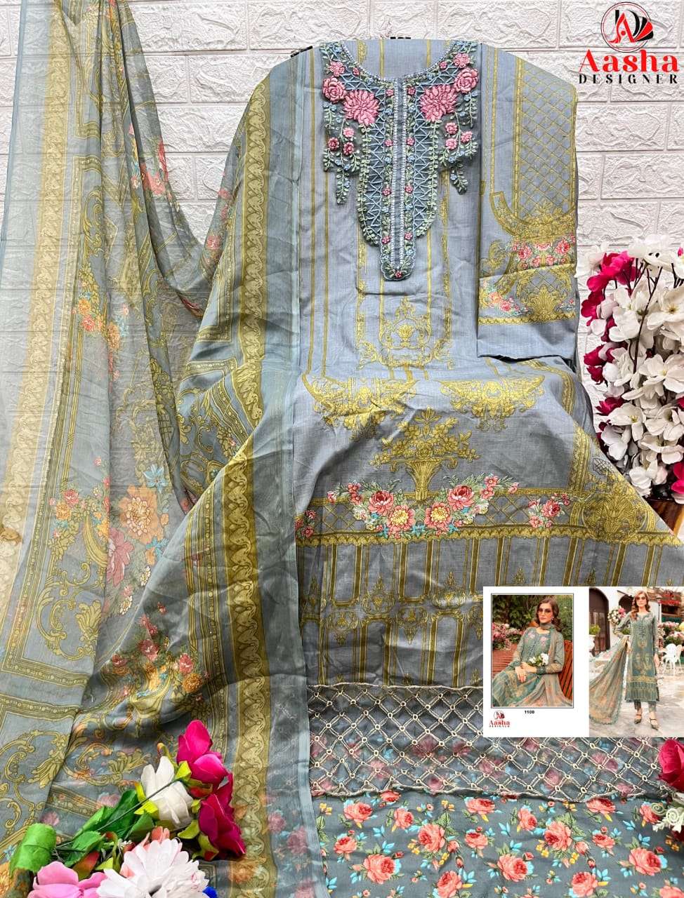 AASHA 1100 HIT DESIGN BY AASHA DESIGNER PURE COTTON PRINT WORK PAKISTANI DRESS