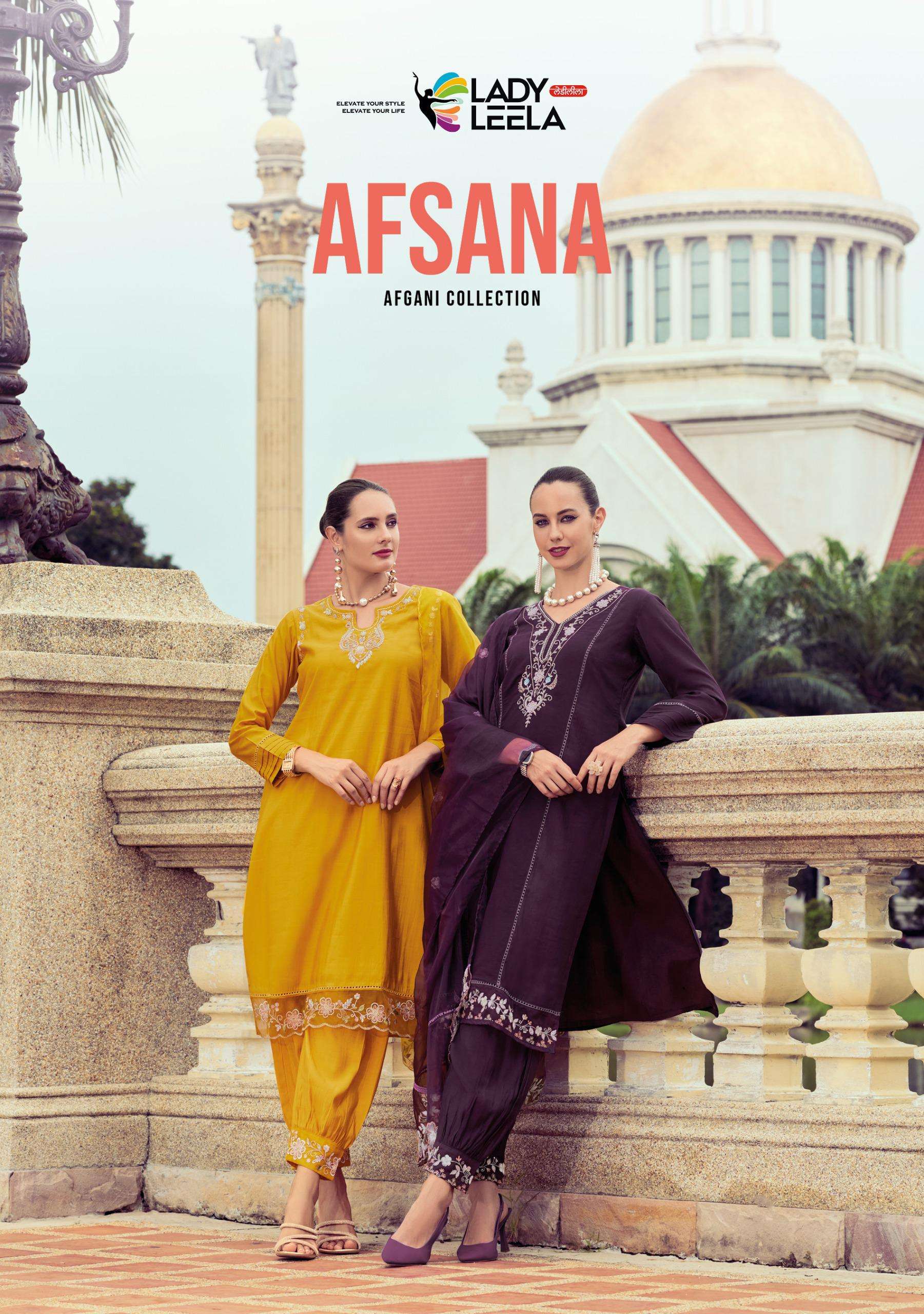 AFSANA BY LADY LEELA 1341 TO 1346 SERIES VISCOSE SILK EMBROIDERY WORK READYMADE DRESSES