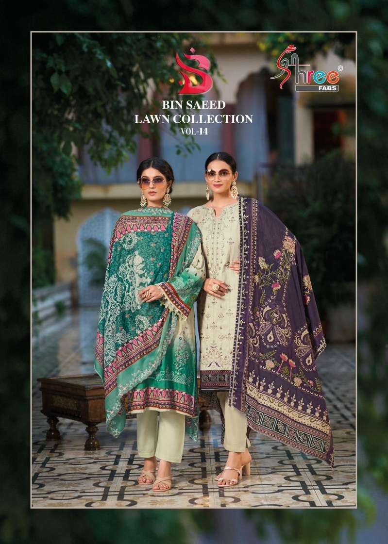 BIN SAEED LAWN COLLECTION VOL-14 BY SHREE FABS 1001 TO 1007 SERIES COTTON WORK PAKISTANI DRESSES