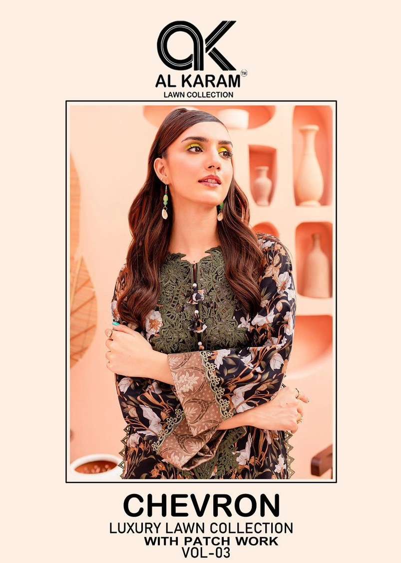 CHEVRON VOL-3 BY AL KARAM 3001 TO 3004 SERIES PURE COTTON PRINT WORK PAKISTANI DRESSES