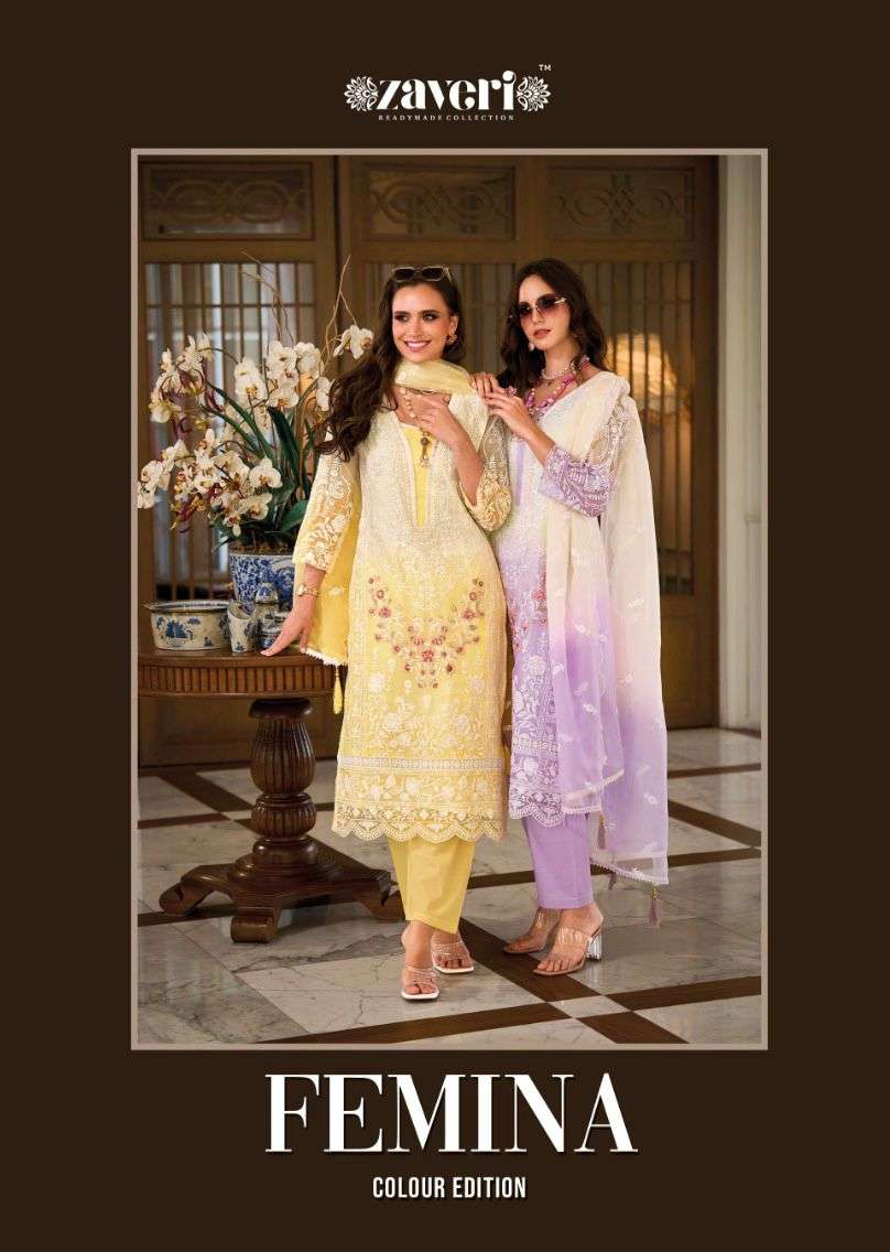 FEMINA 1218-A TO 1218-D SERIES BY ZAVERI SOFT ORGANZA HEAVY WORK READYMADE DRESSES