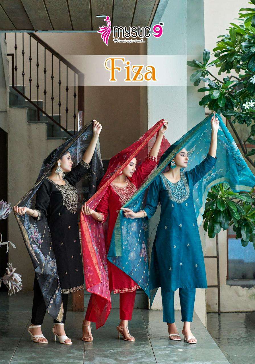 FIZA BY MYSTIC9 1001 TO 1008 SERIES BANGLORI SILK EMBROIDERY WORK READYMADE DRESSES