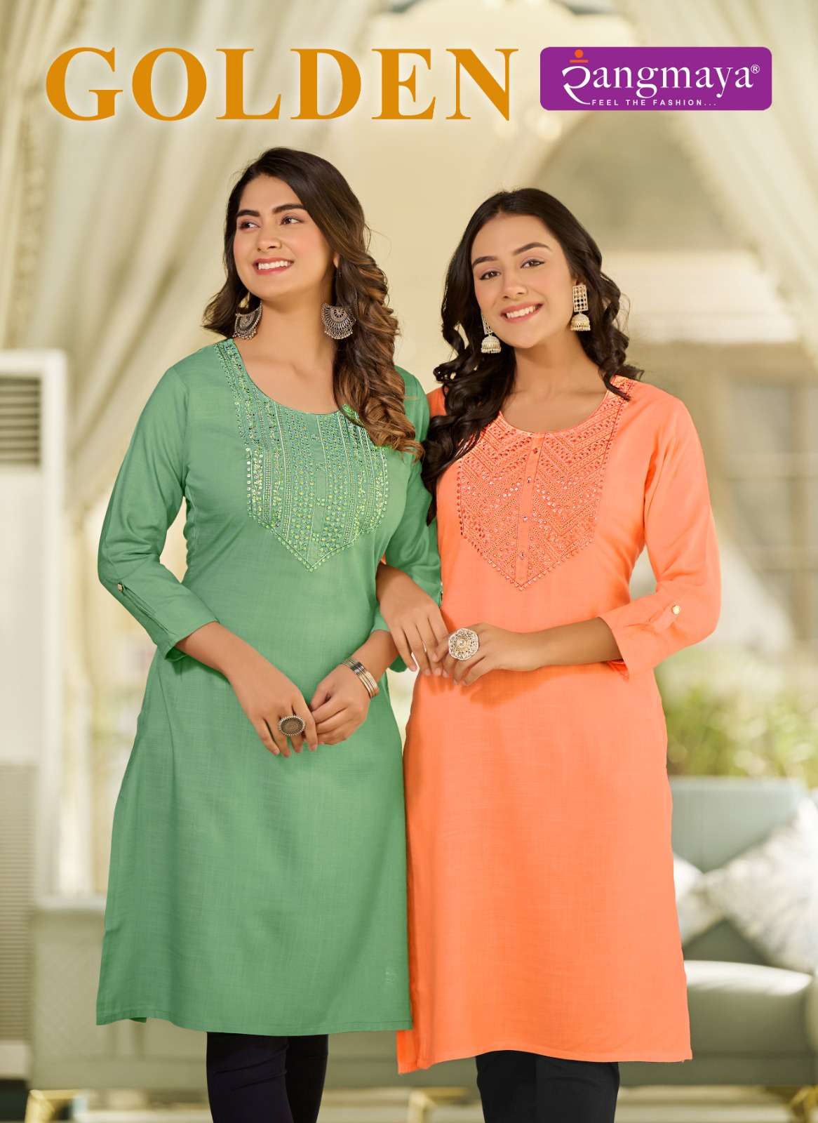 GOOLDEN BY RANGMAYA 101 TO 108 SERIES RAYON SLUB WORK KURTIS