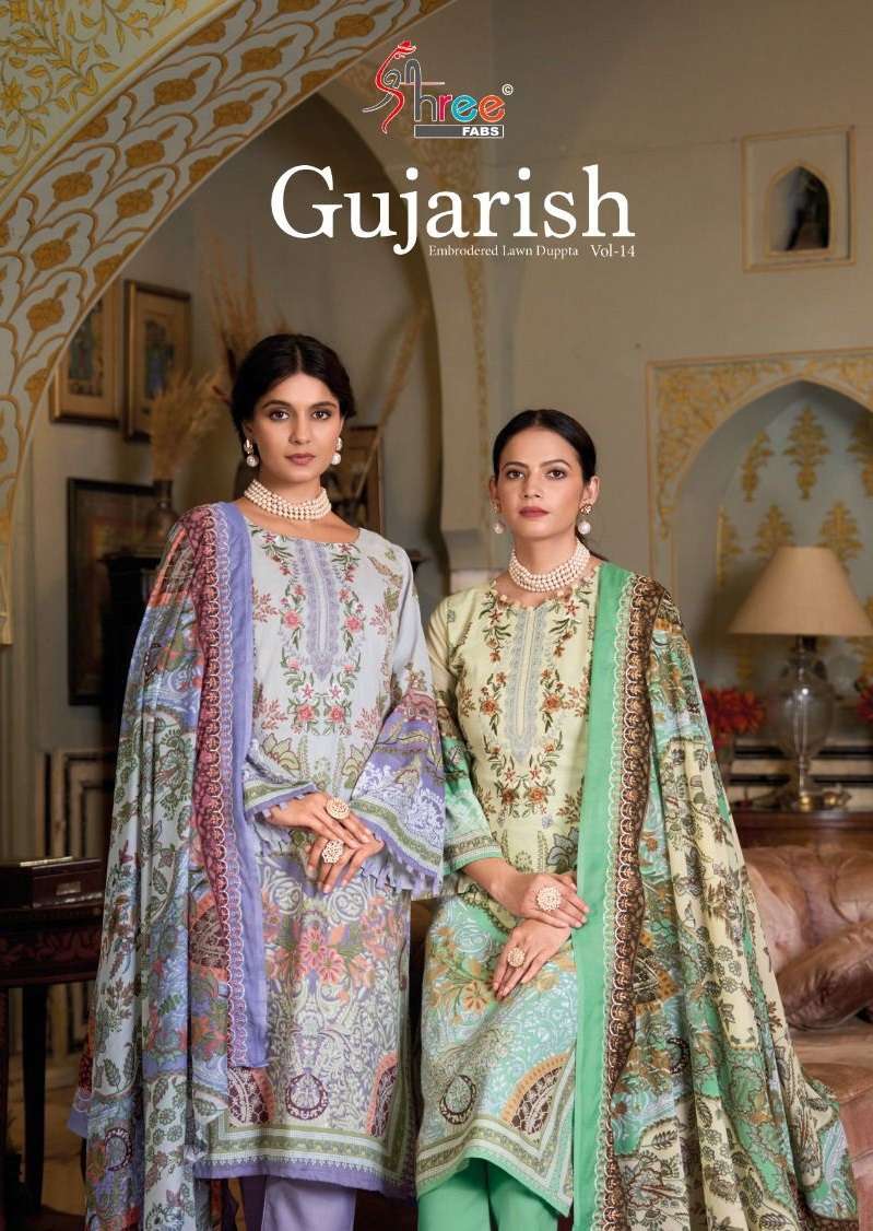 GUJARISH VOL-14 BY SHREE FABS 1401 TO 1406 SERIES COTTON PRINT WORK PAKISTANI DRESSES