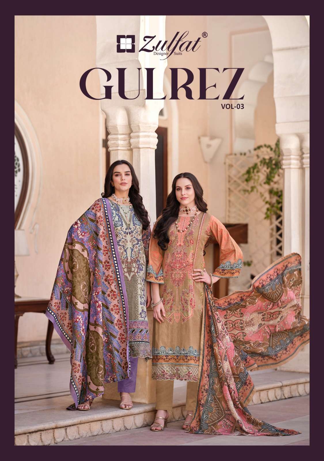 GULREZ VOL-3 BY ZULFAT 573-001 TO 573--008 SERIES PURE COTTON PRINT WORK PAKISTANI DRESSES