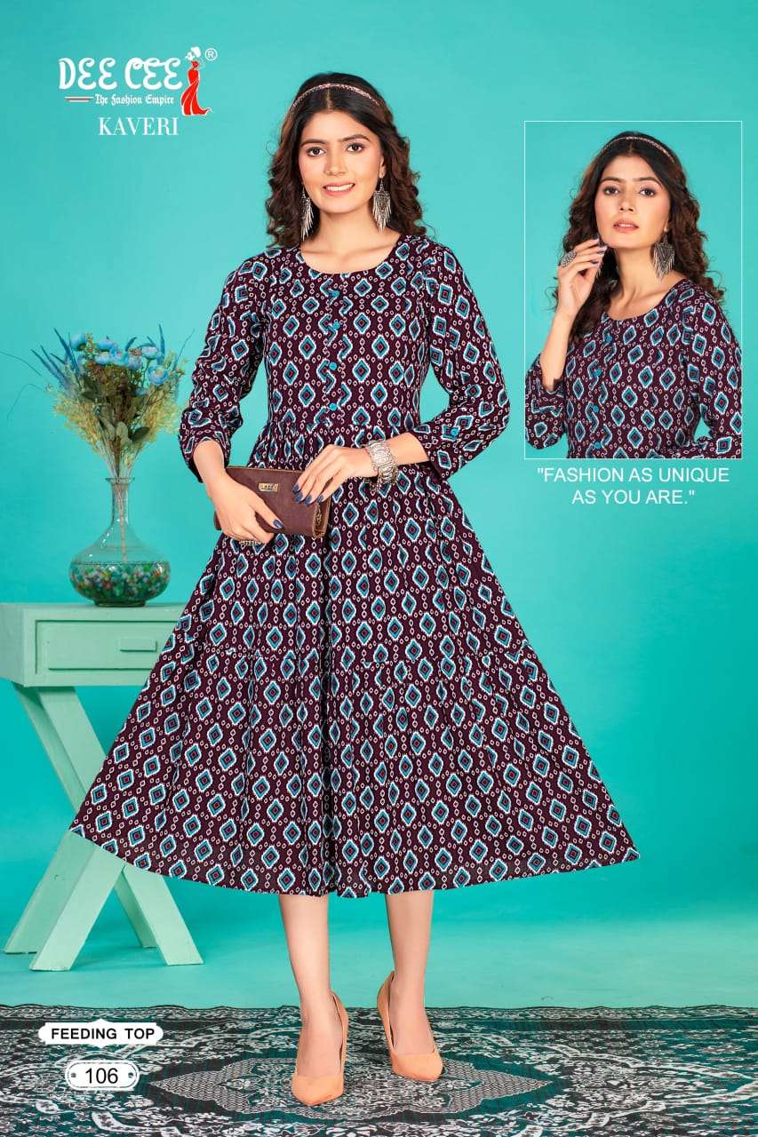 KAVERI BY DEE CEE 101 TO 106 SERIES RAYON PRINT WORK KURTIS