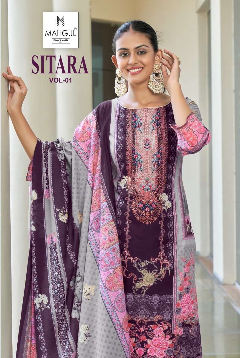 MAHGUL SITRA VOL-1 BY AQSAWHOLESALE 1001-A TO 1001-D SERIES LAWN COTTON PRINT WORK DRESSES