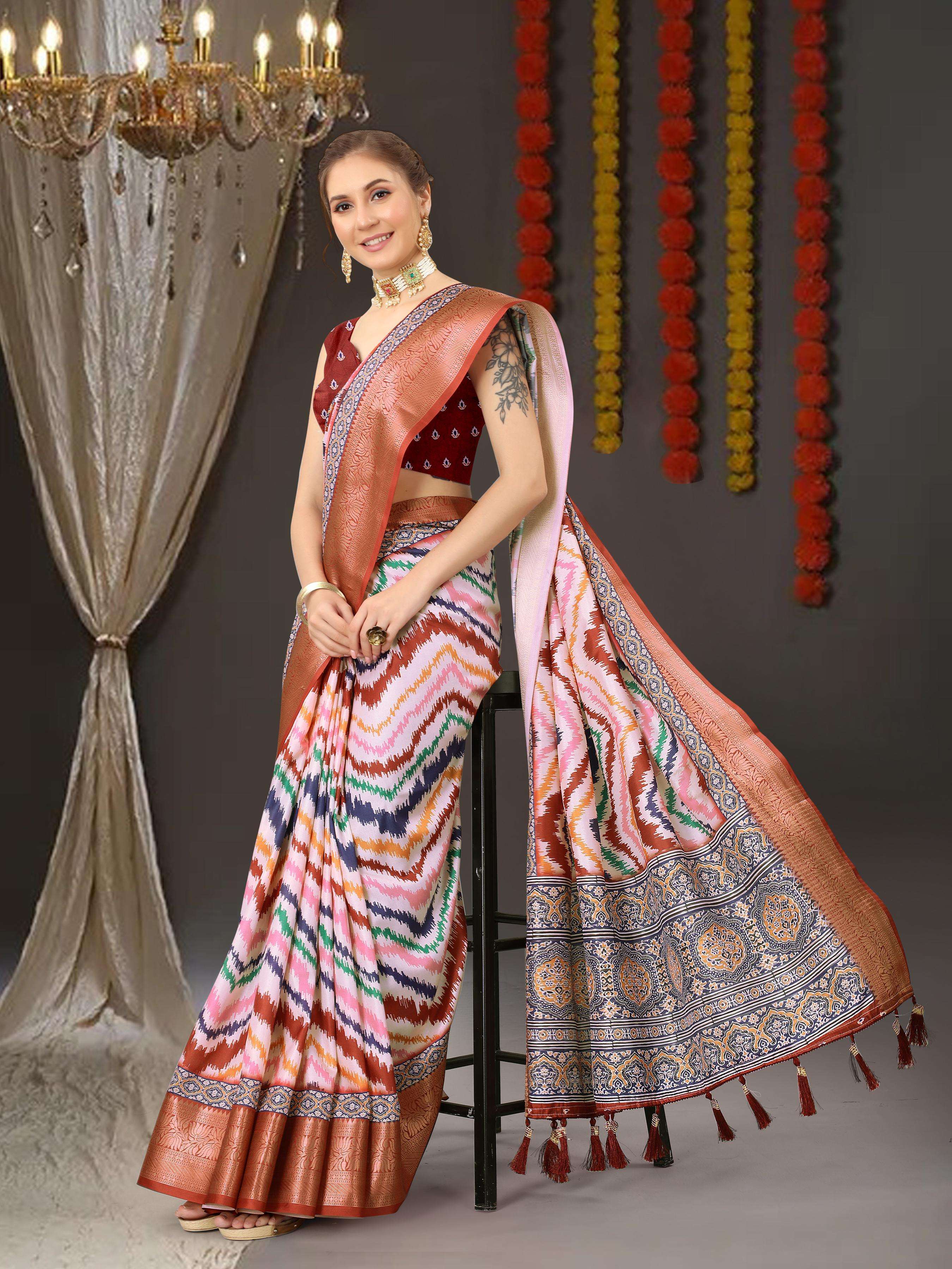 MRT-SHIVANI BY AQSAWHOLESALE SOFT DOLA SILK ZIG ZAG PRINT SAREES